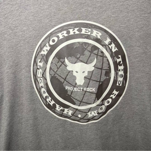 *Sold* 
Under Armour Project Rock Men’s Gray Graphic T shirt M “Hardest Worker” - Picture 4 of 10